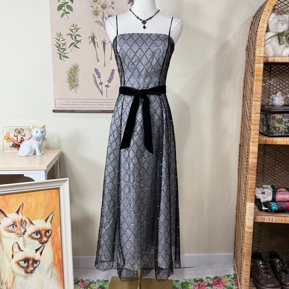 90s Y2k Glitter Embroidered Mesh Formal Dress Dark Coquette Romantic Glam S 6